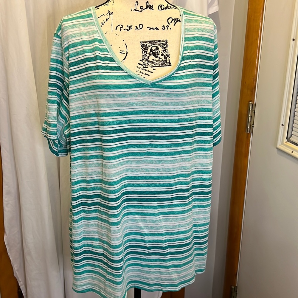 Catherines Teal and White Striped V-Neck Short Sleeve Tee
